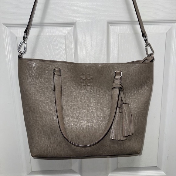 Tory Burch Handbags - Tory Burch Pebbled Leather Taupe-Gray Tote Tassel Shoulder Bag Handbag Purse‎